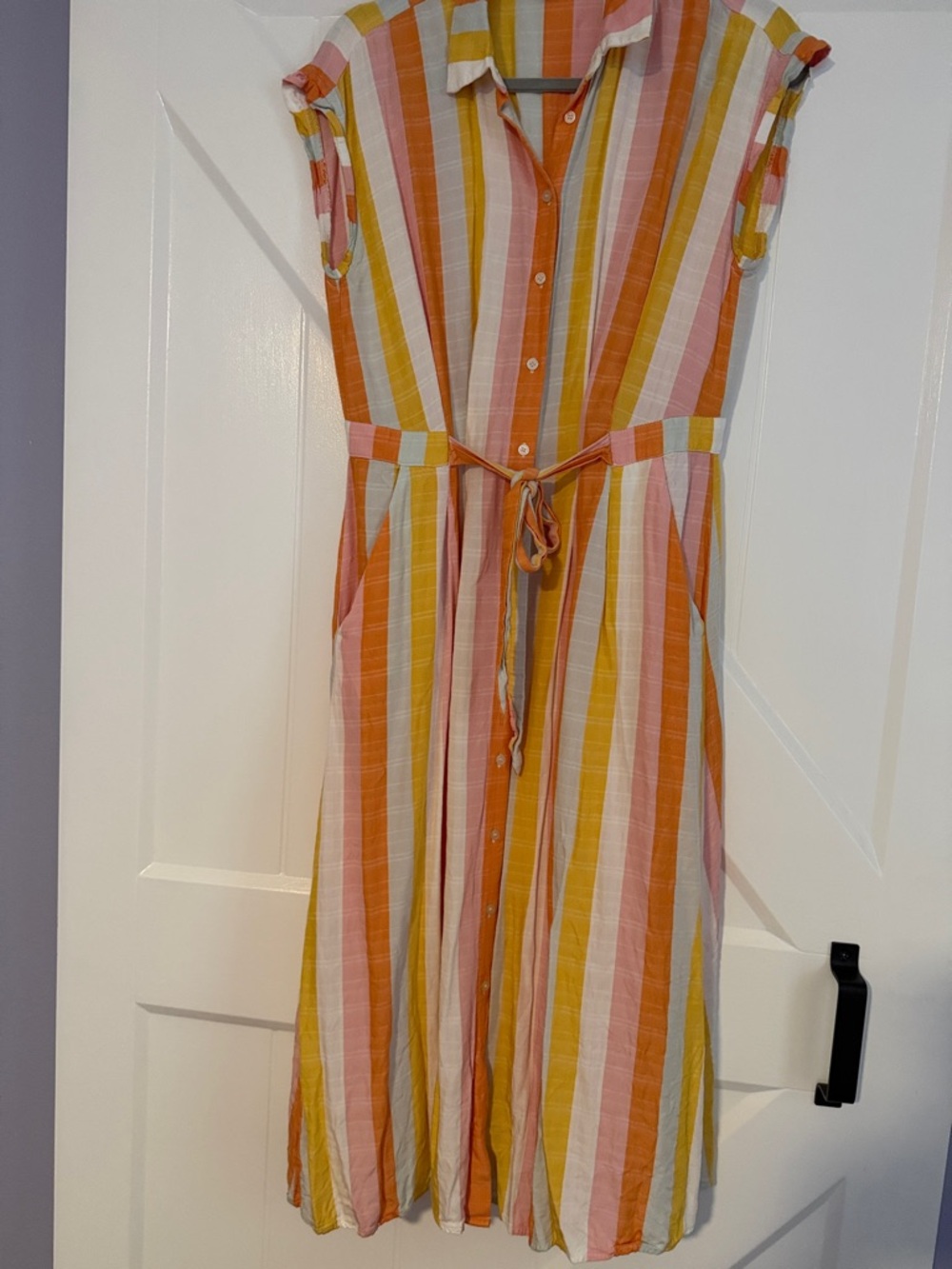 LOFT Striped Button-Front Midi Dress in Pink, Orange & Mustard - Picture 4 of 10